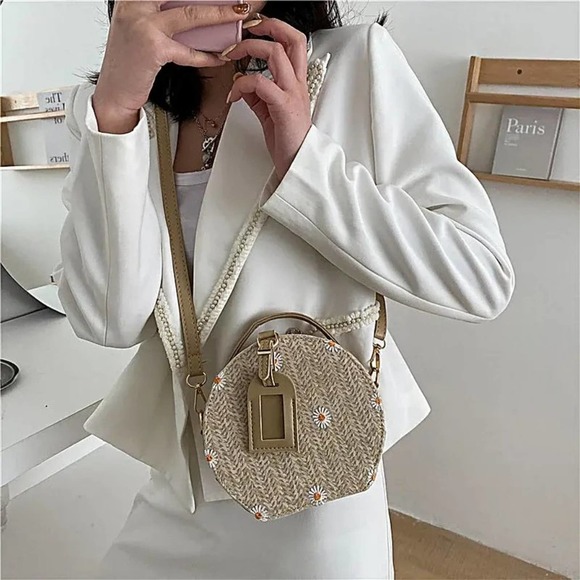 Daisy Flower Embroidered Round Straw Crossbody Bag in Khaki - Picture 3 of 9